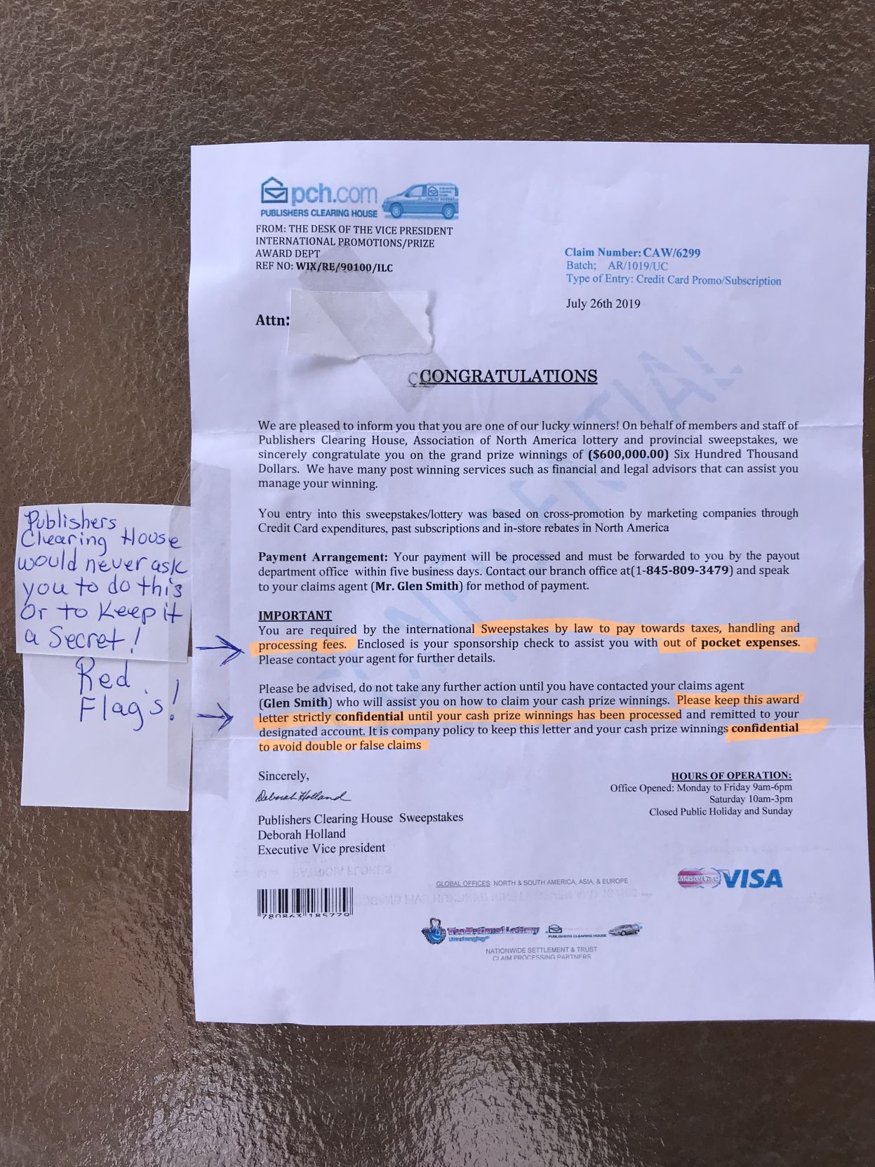A letter purporting to be from Publishers Clearing House